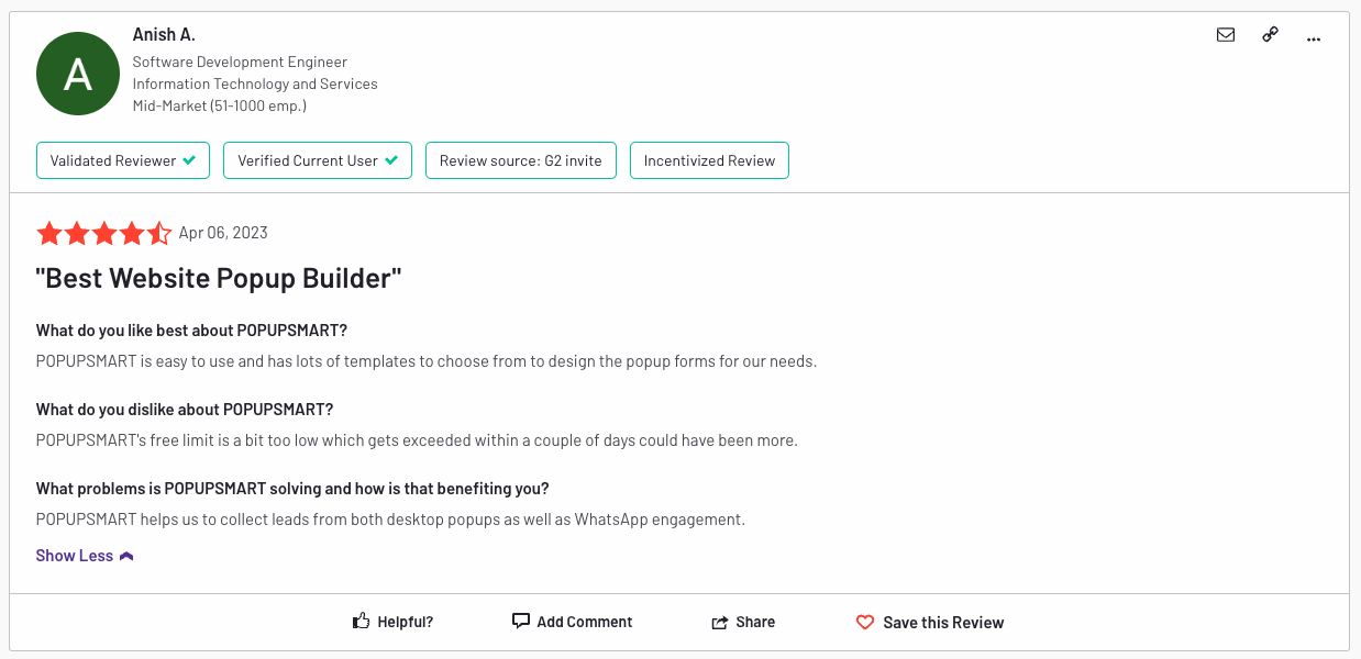Popupsmart G2 Review Screenshot